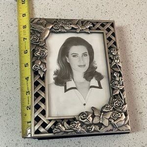 Vintage 3 D Pewter Lattice Flower, Butterfly, & Hummingbird photo frame & album‎